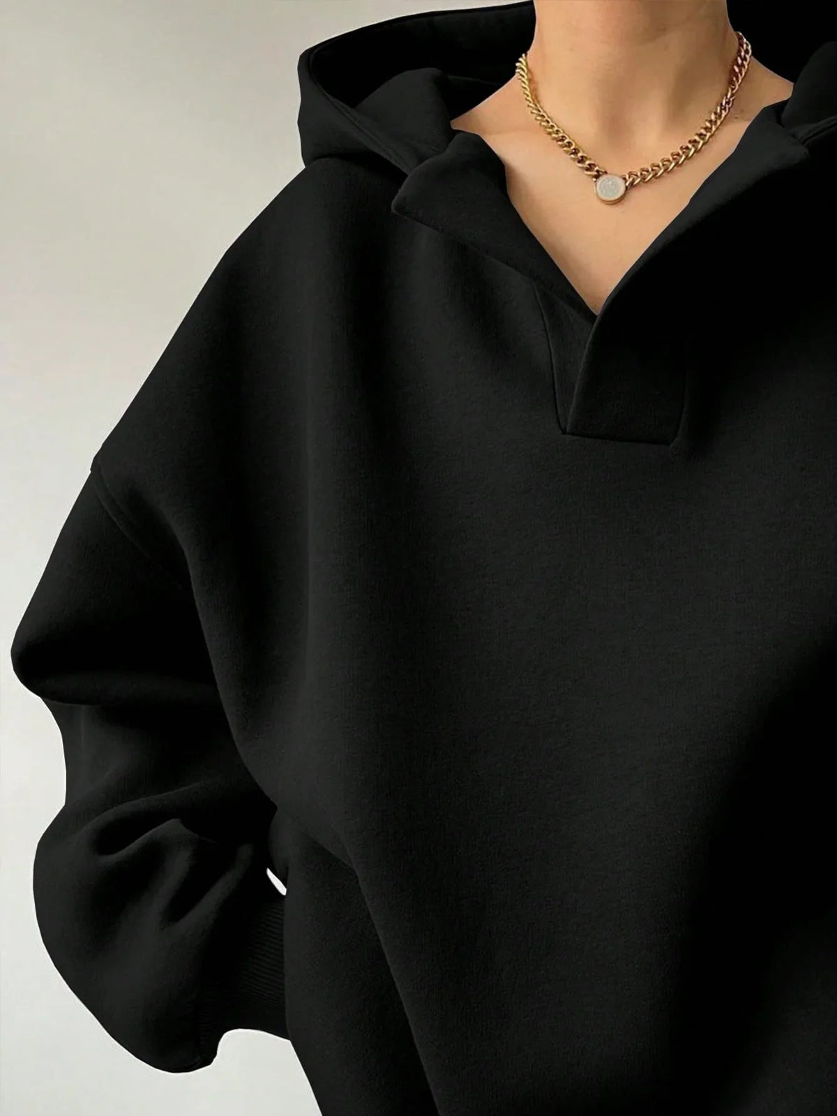 Signature Oversized Notch Neck Fleece Hoodie in Black – view 2