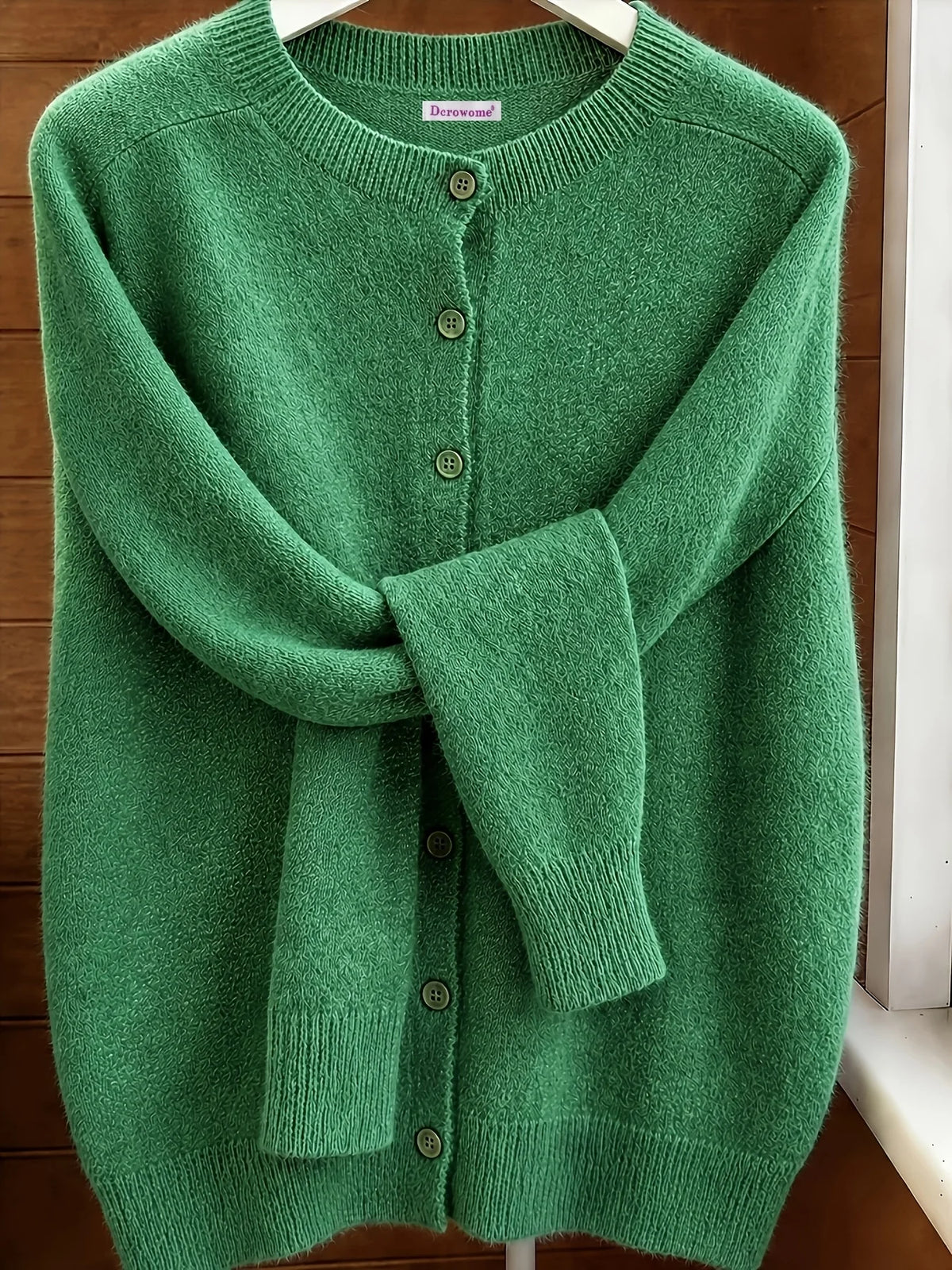 Classic Soft Knit Crew Neck Button Cardigan in Green – view 2