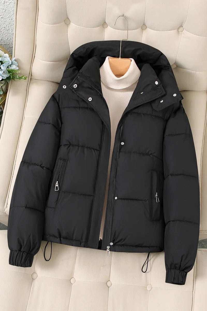 Classic Cropped Hooded Puffer Jacket in Black