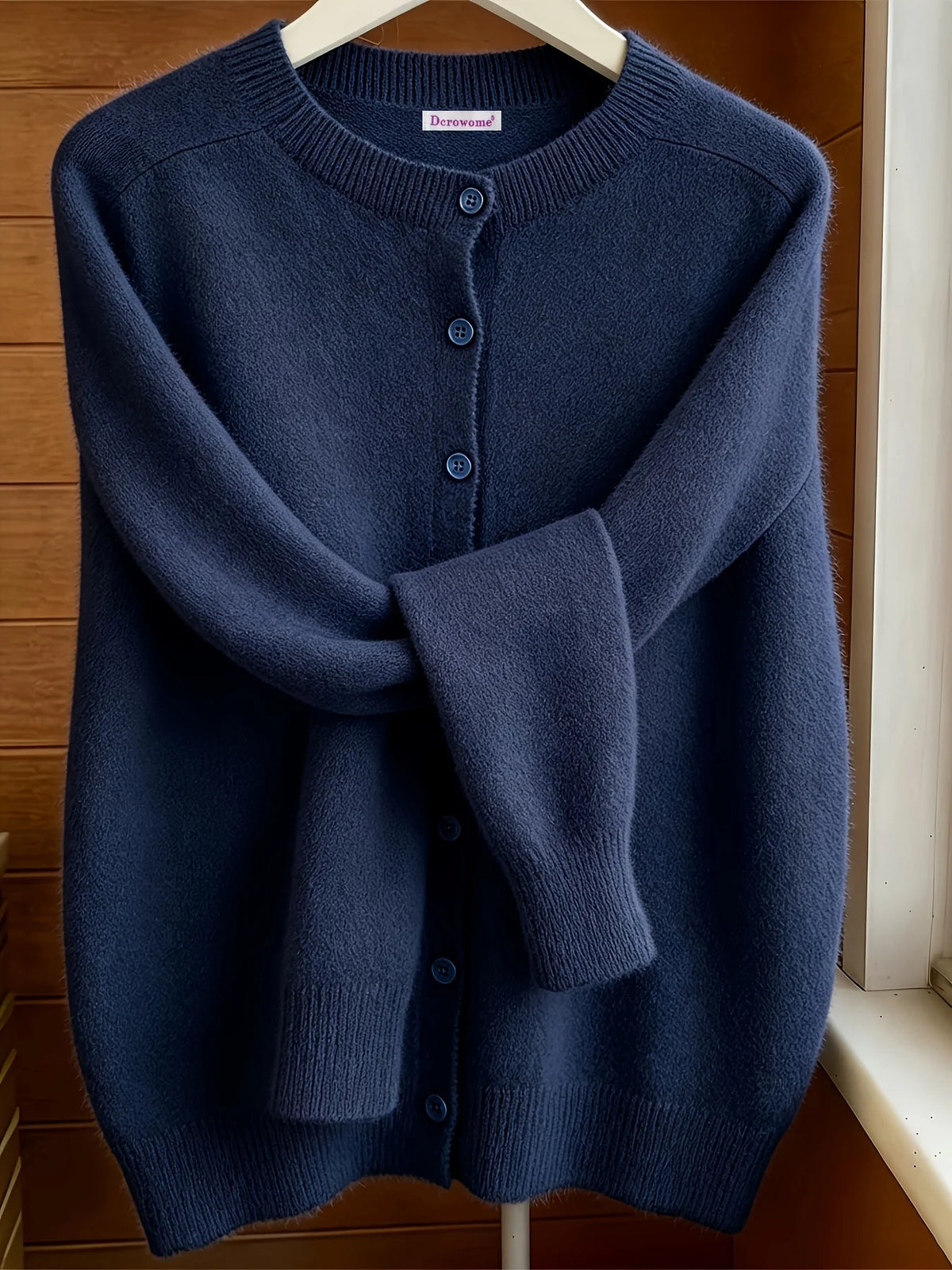 Classic Soft Knit Crew Neck Button Cardigan in Navy – view 5