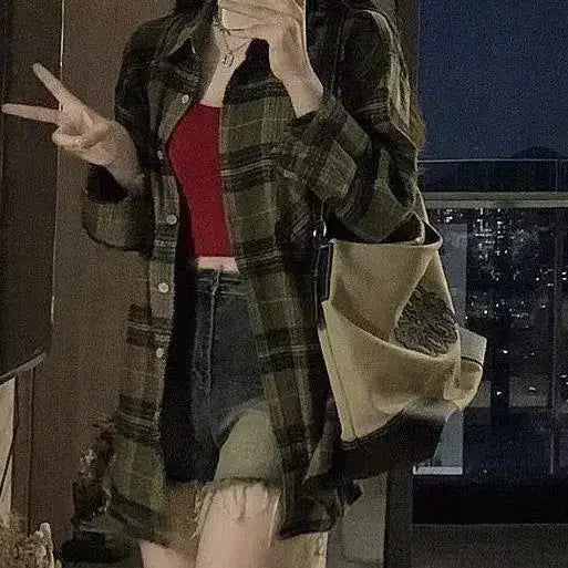 Classic Green Plaid Oversized Flannel Shirt – view 12