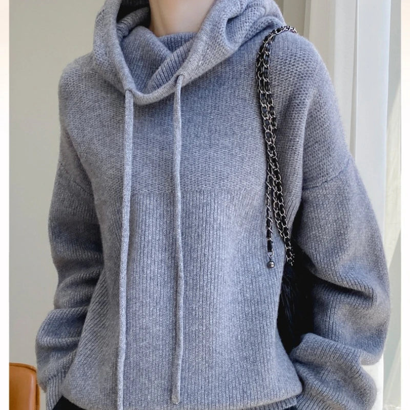 Signature Chunky Knit Drawstring Hoodie in Grey – view 2