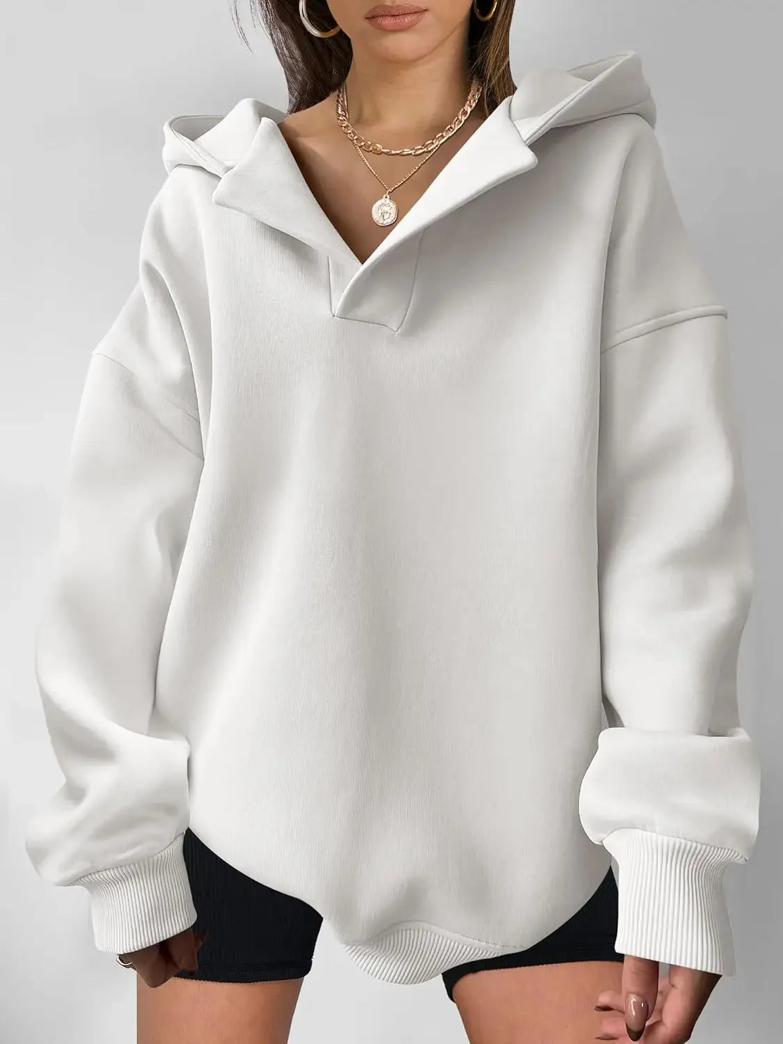 Signature Oversized Notch Neck Fleece Hoodie in Off-White – view 4