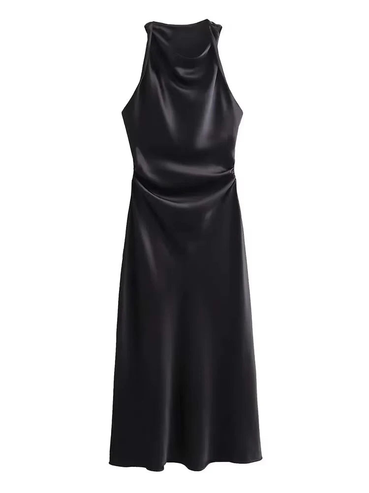 Signature Satin Cowl Neck Ruched Maxi Dress in Black – view 2