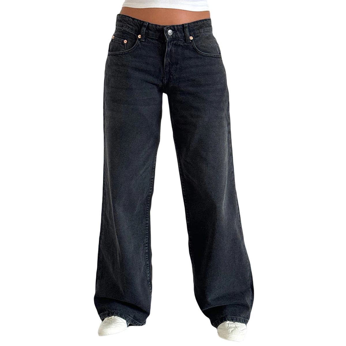 Classic Low Rise Baggy Wide Leg Jeans in Washed Black