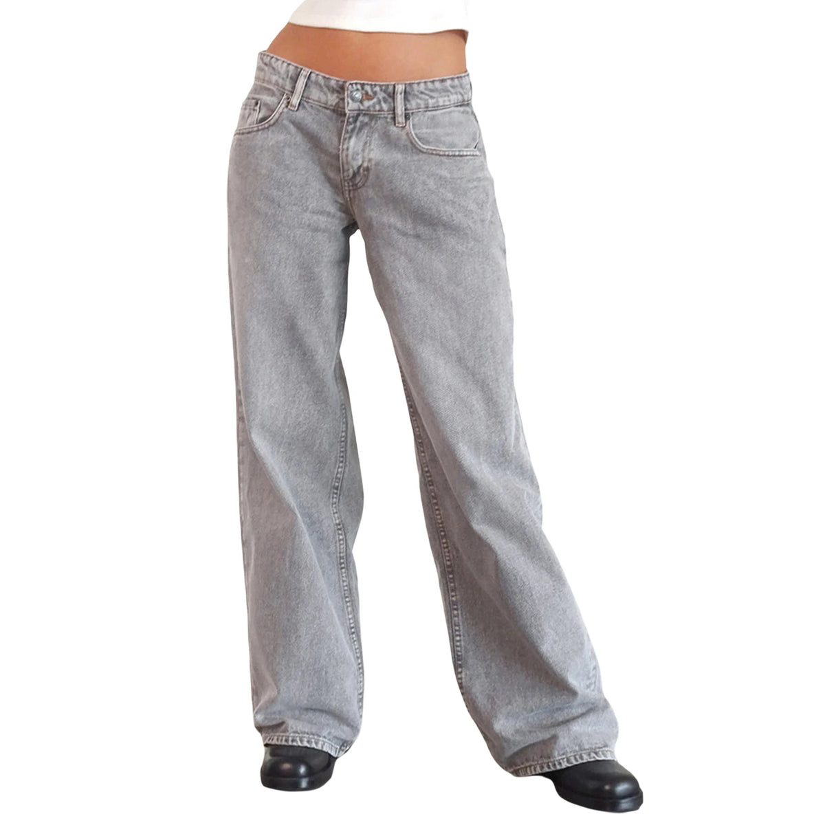 Classic Low Rise Baggy Wide Leg Jeans in Light Grey