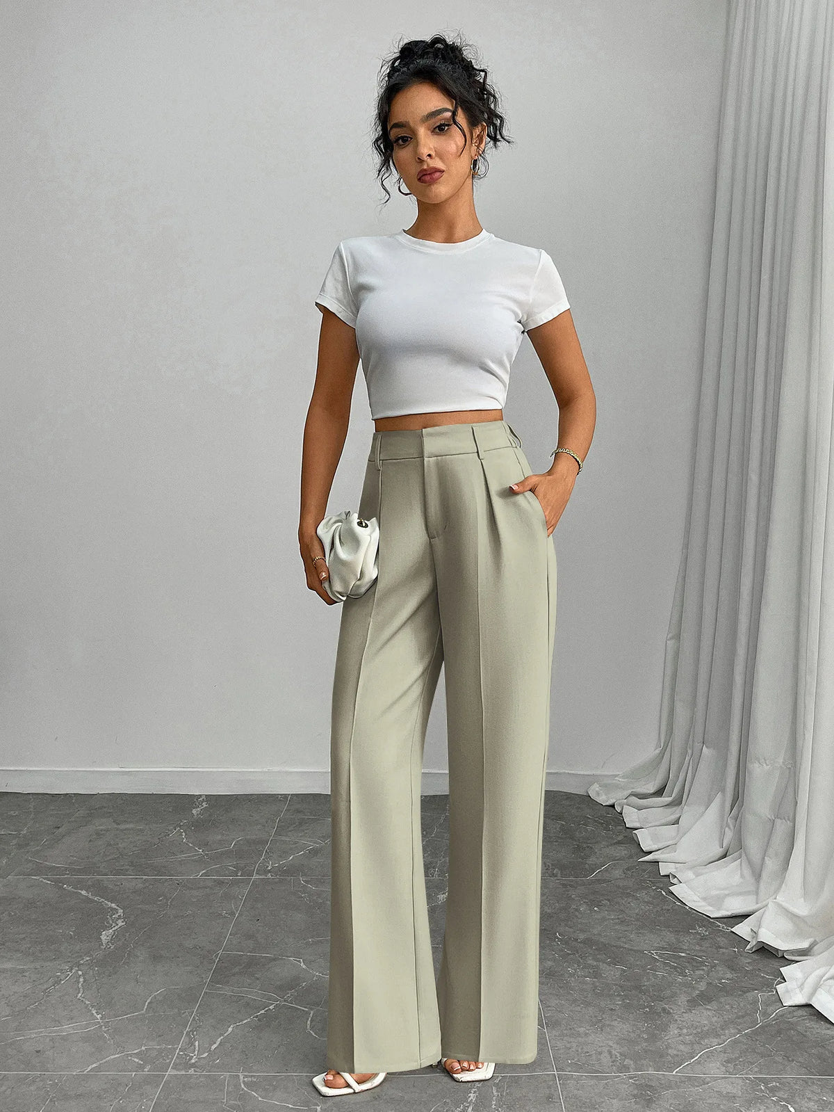 Pleat-Front Palazzo Trousers in Sage – view 7