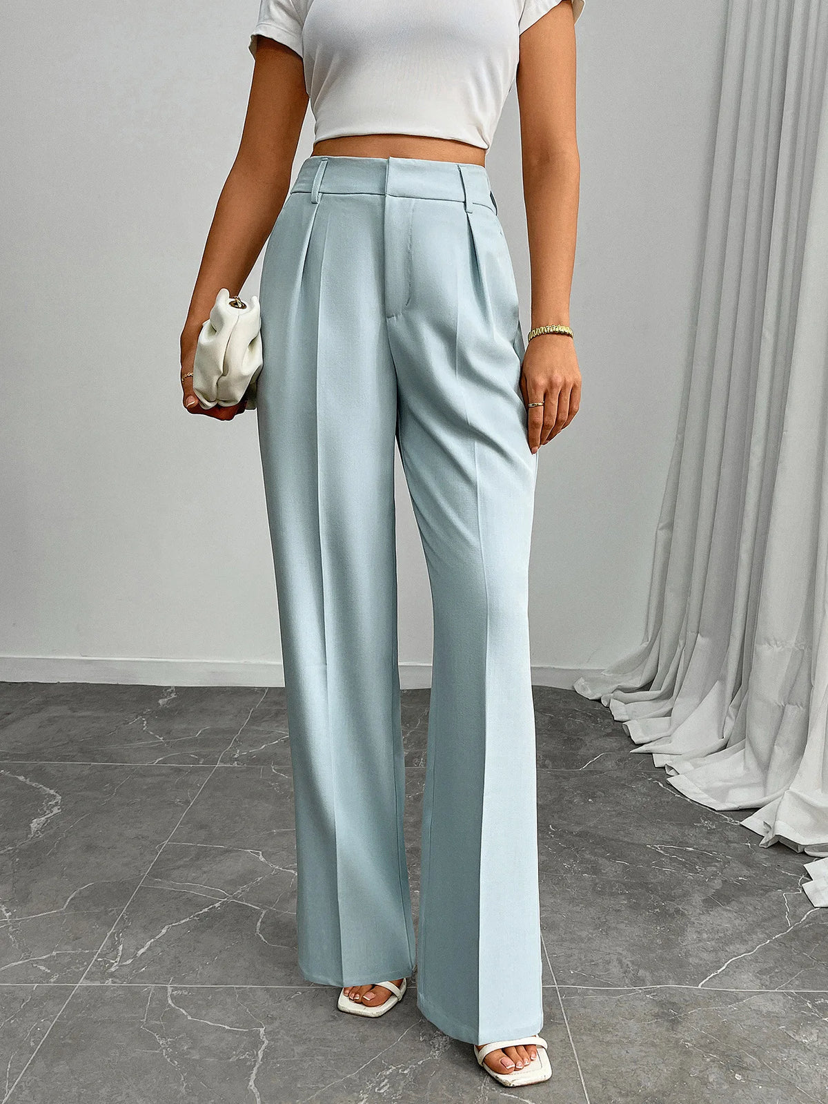 Pleat-Front Palazzo Trousers in Sky Blue – view 3