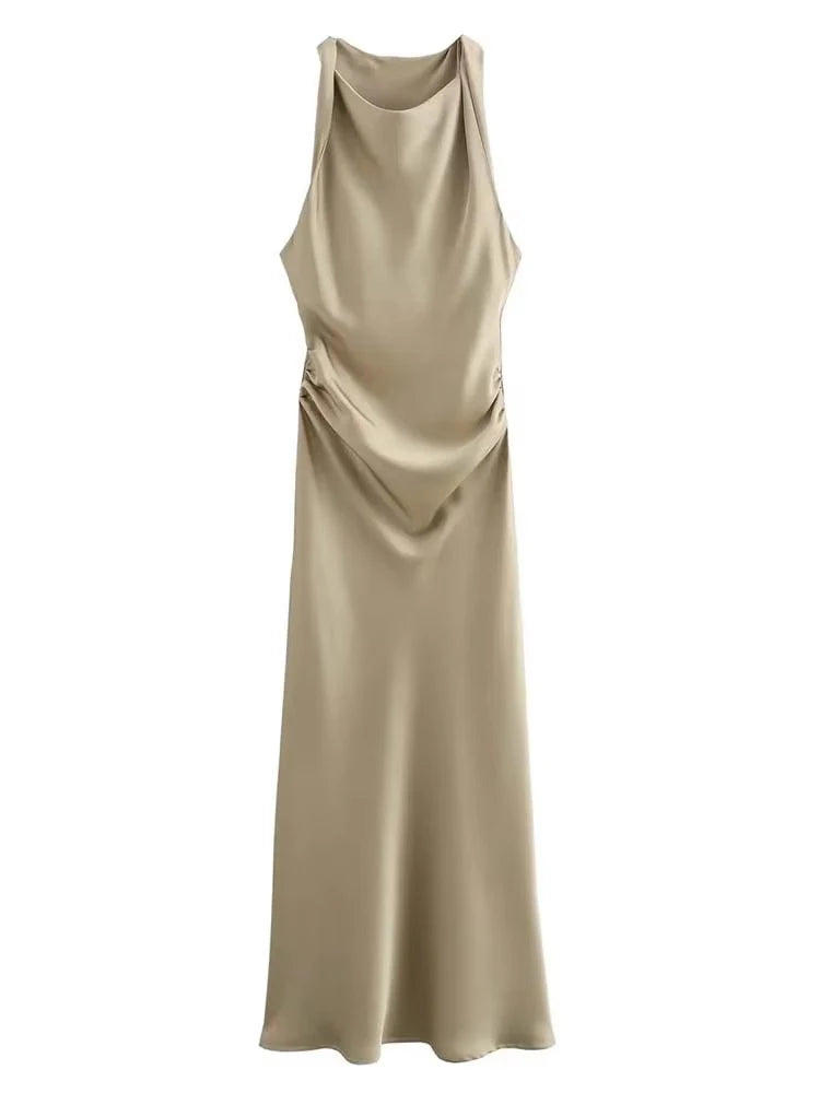 Signature Satin Cowl Neck Ruched Maxi Dress in Champagne – view 2