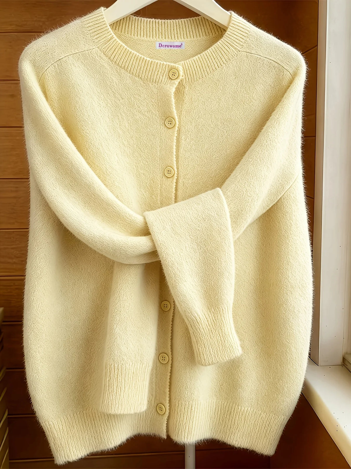 Classic Soft Knit Crew Neck Button Cardigan in Butter Yellow – view 5
