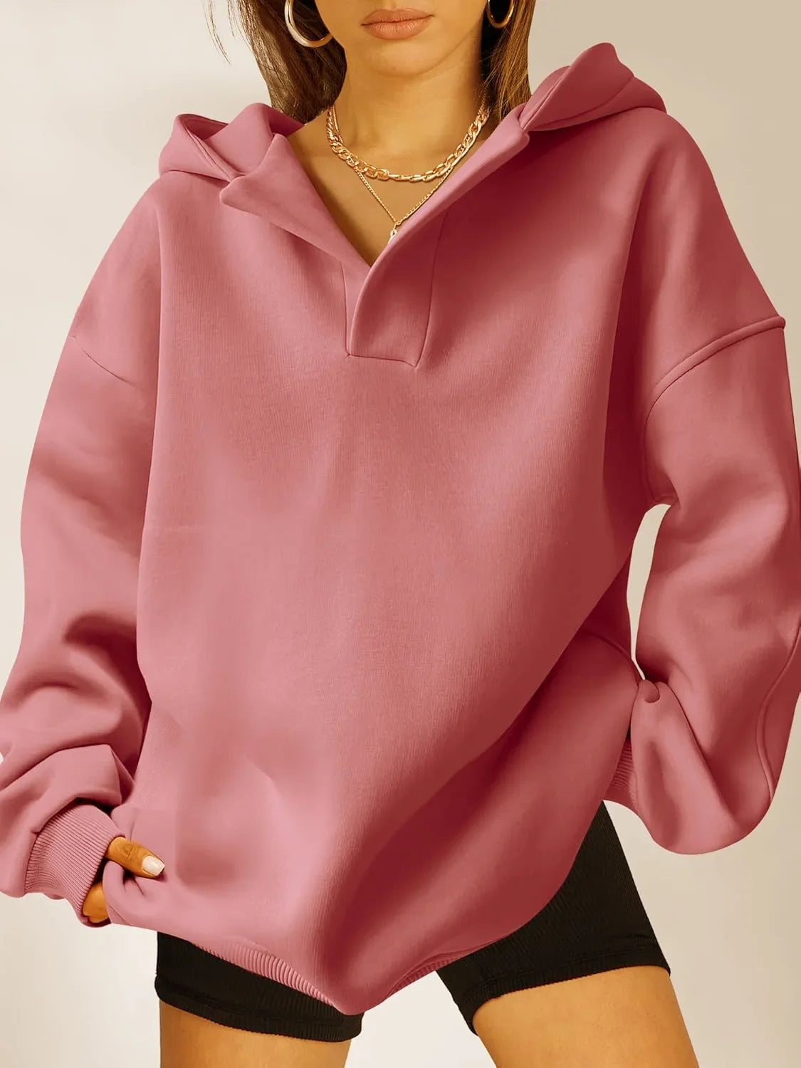 Signature Oversized Notch Neck Fleece Hoodie in Dusty Rose – view 4