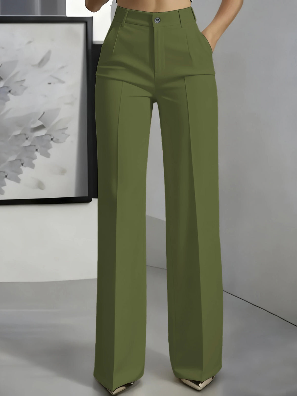 Essential High Waist Tailored Straight Leg Trousers in Olive