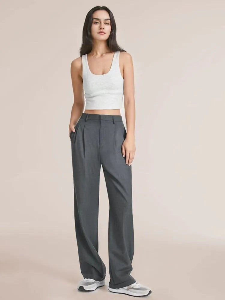 Classic Pleated High Waist Wide Leg Trousers in Grey