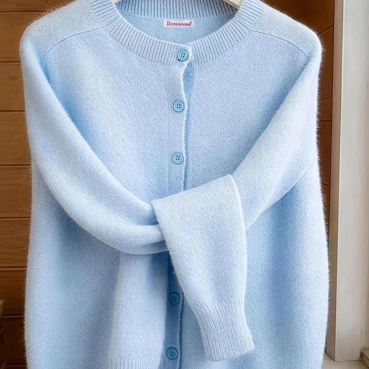 Classic Soft Knit Crew Neck Button Cardigan in Light Blue
