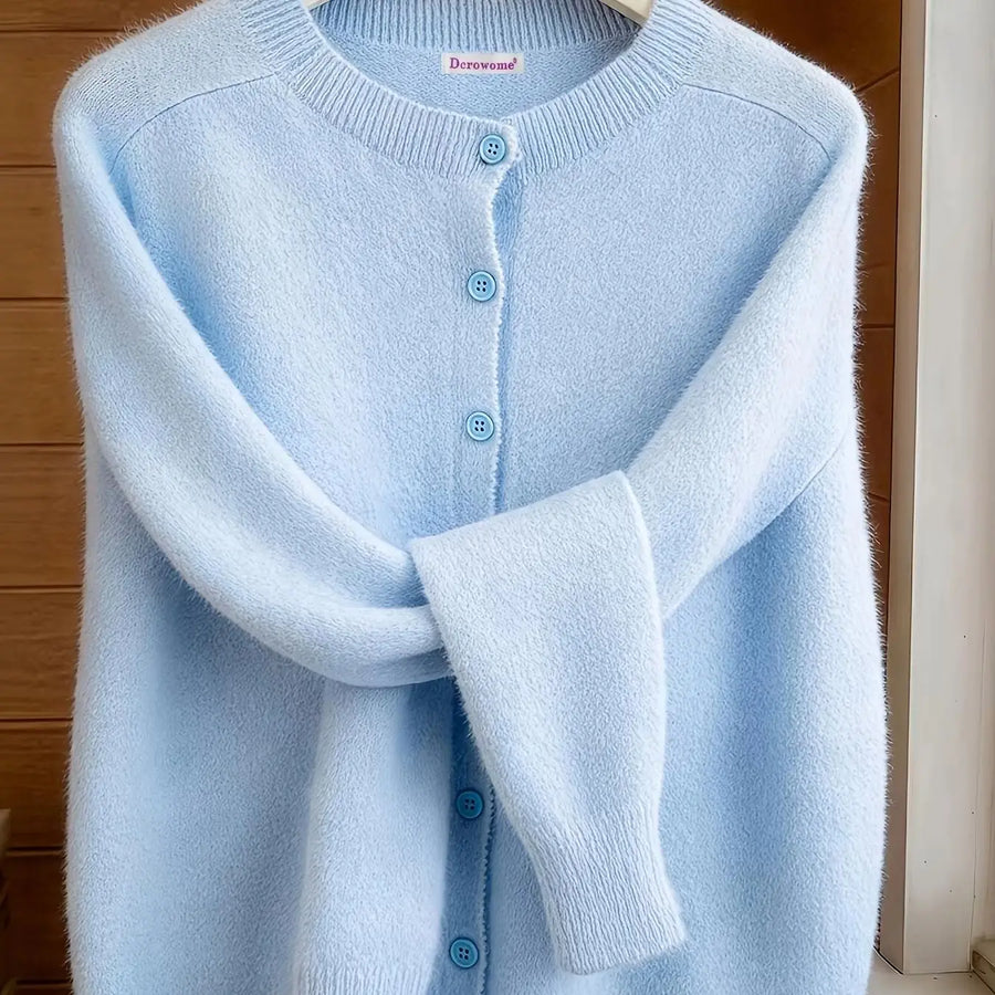 Classic Soft Knit Crew Neck Button Cardigan in Light Blue