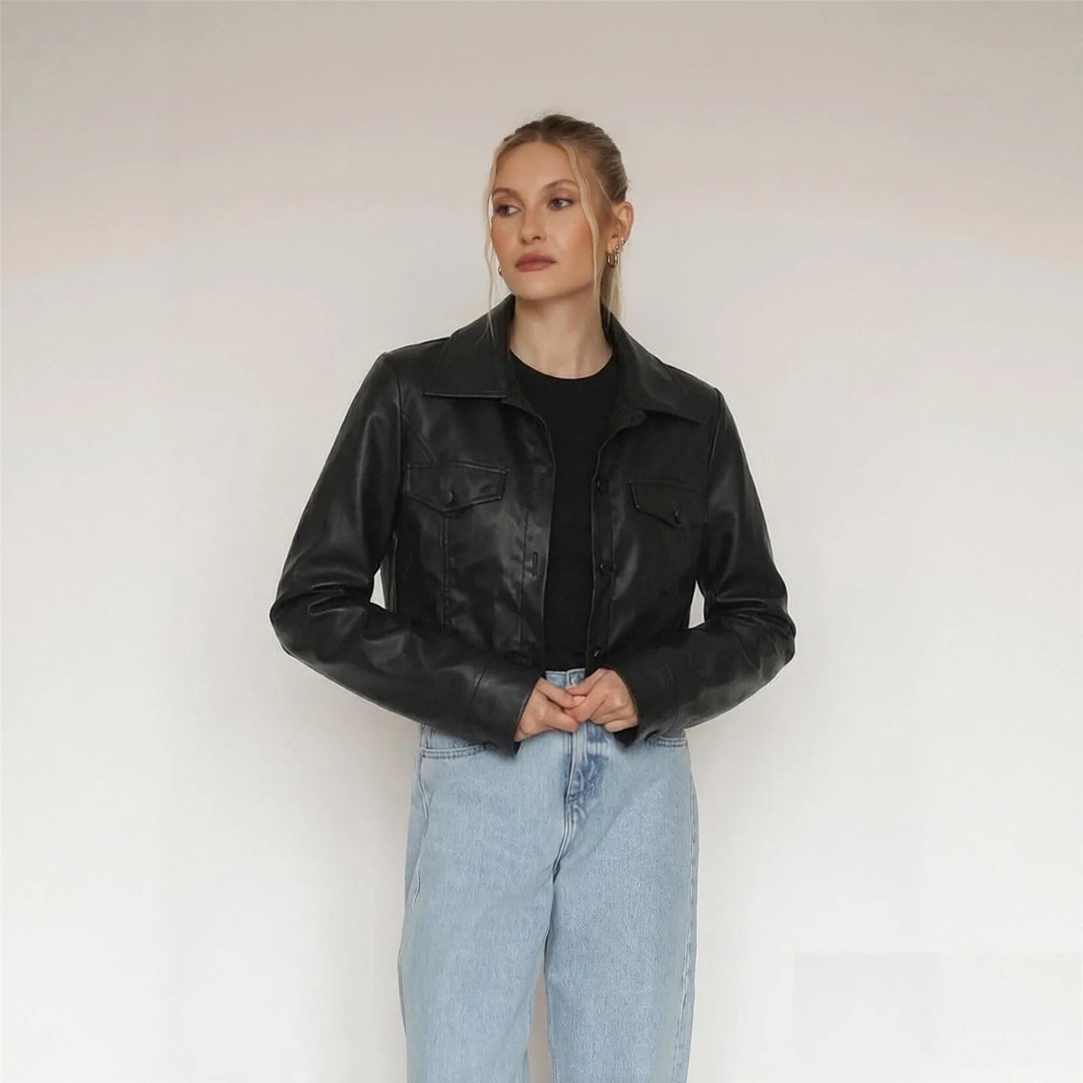 Essential Cropped Faux Leather Button-Up Jacket – view 3