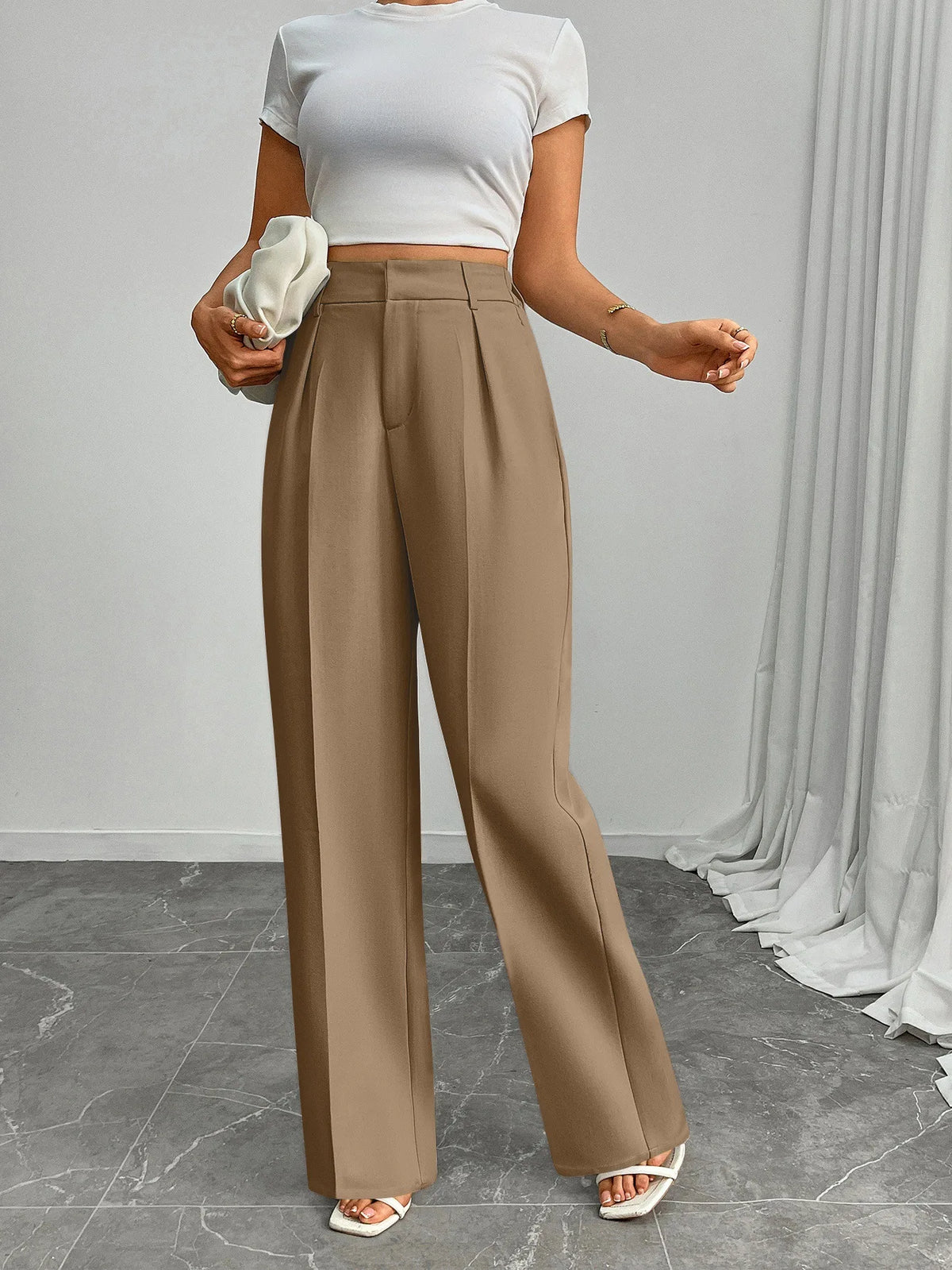 Pleat-Front Palazzo Trousers in Taupe – view 6