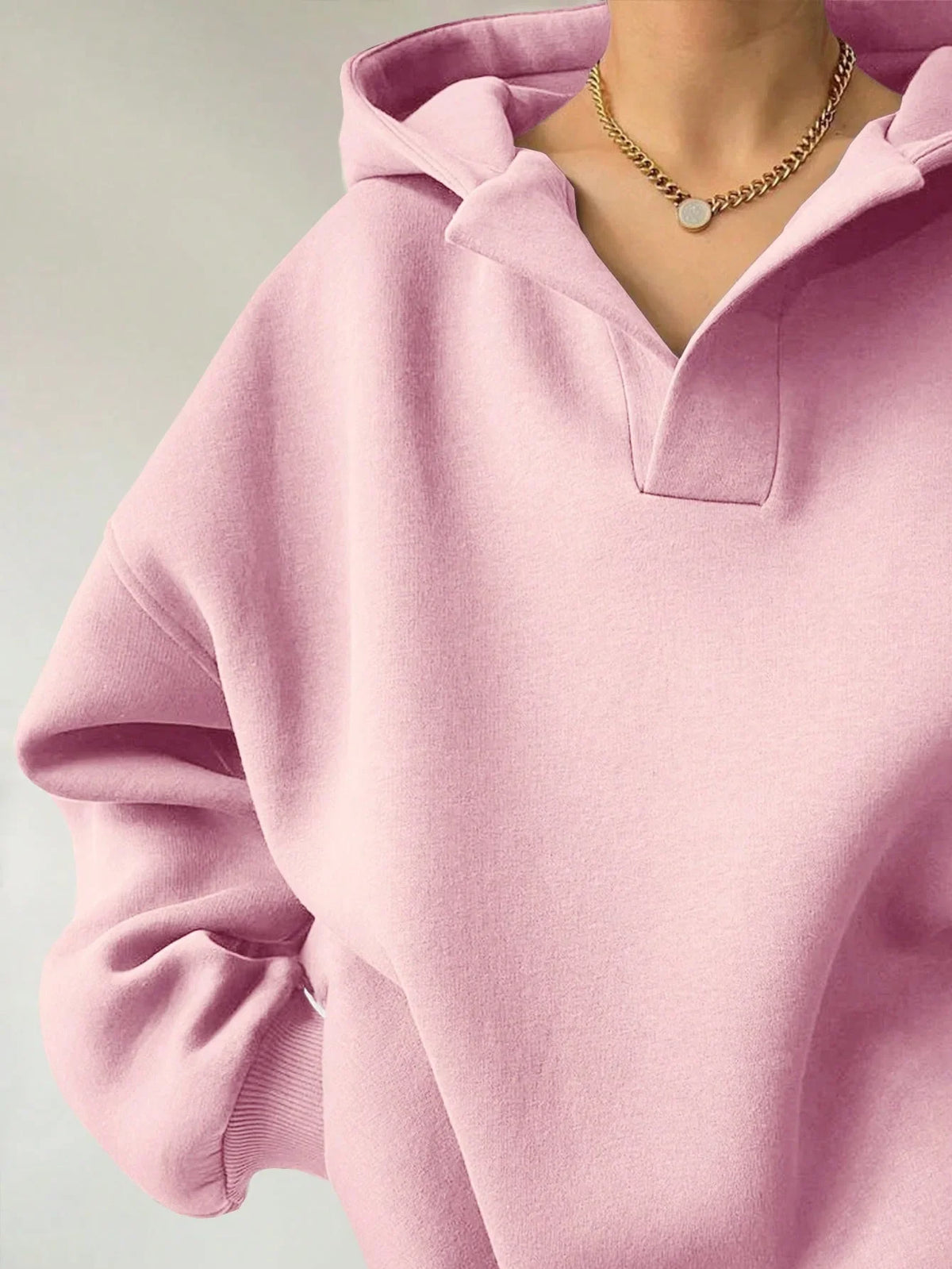 Signature Oversized Notch Neck Fleece Hoodie in Pink – view 3