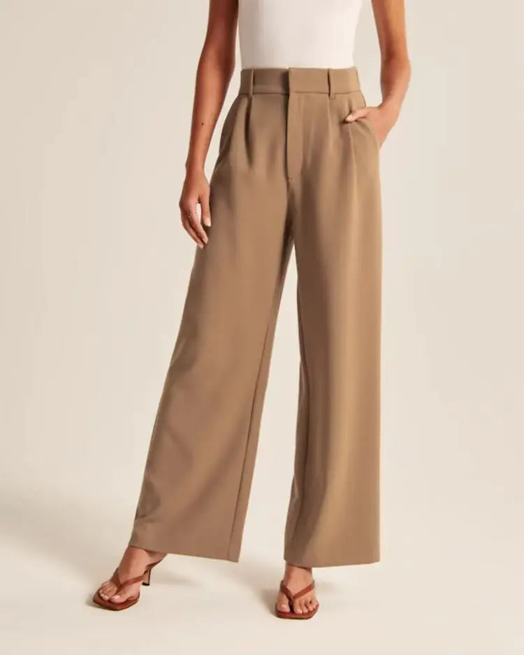 Classic Pleated High Waist Wide Leg Trousers in Camel