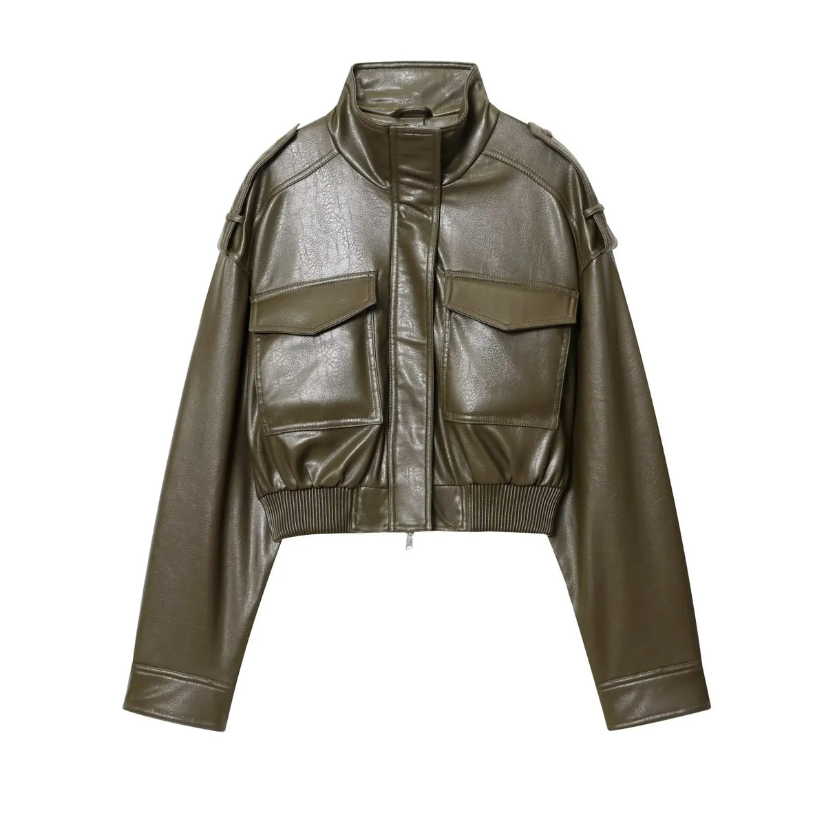 Classic Cropped Faux Leather Utility Jacket in Olive
