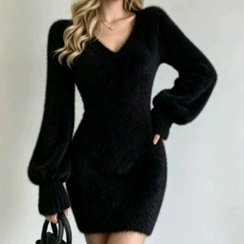 Signature Fuzzy Knit V-Neck Mini Sweater Dress – front view