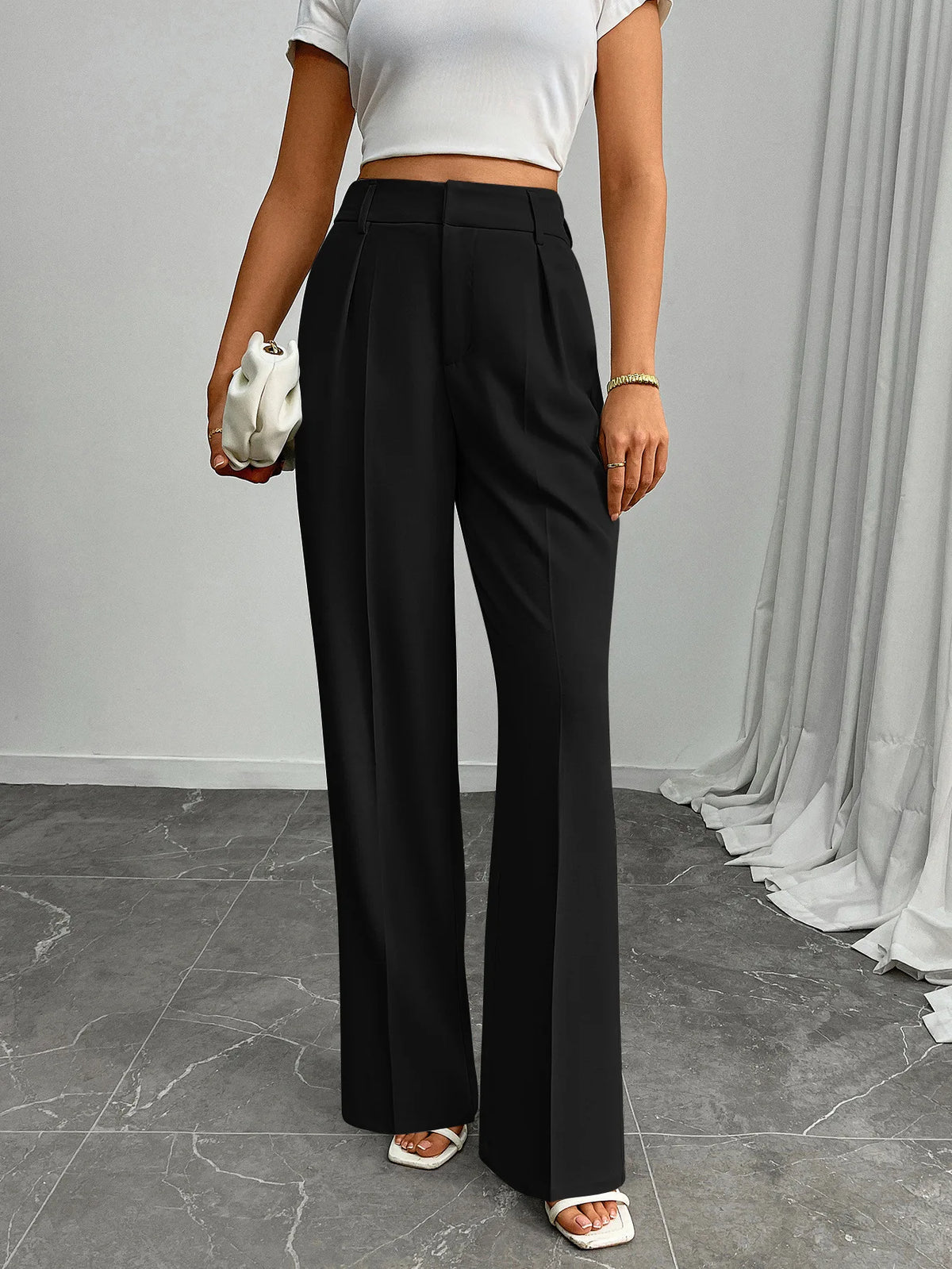 Pleat-Front Palazzo Trousers in Black – view 2
