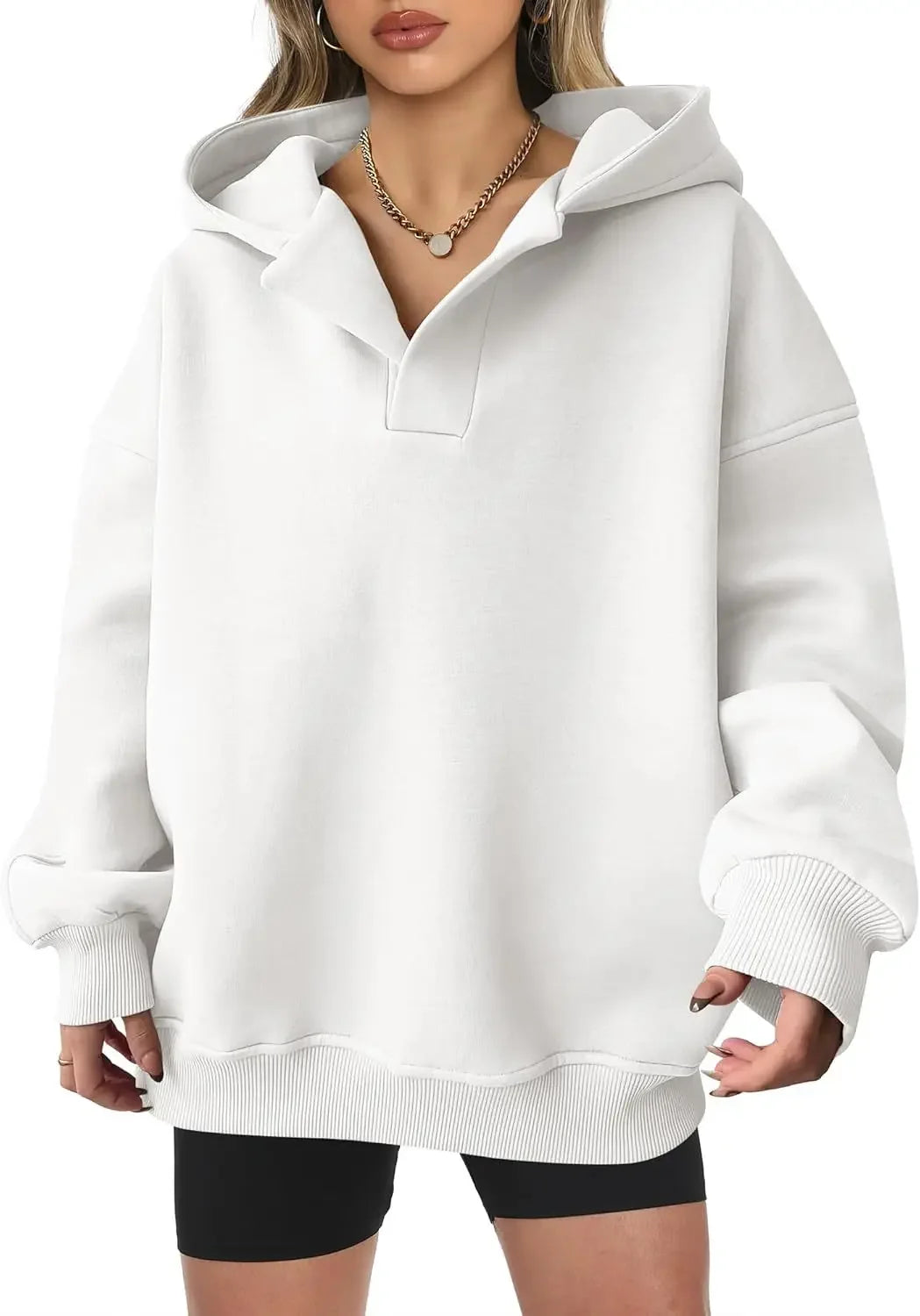 Signature Oversized Notch Neck Fleece Hoodie in Off-White – view 6