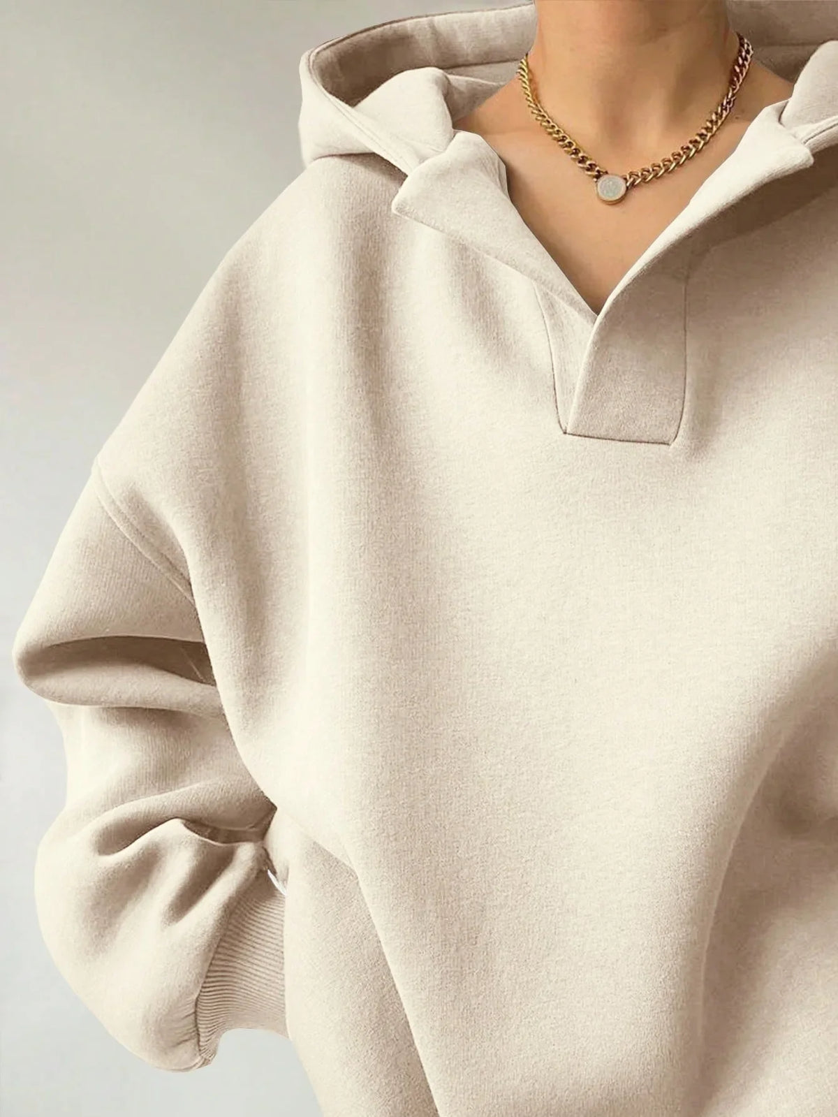 Signature Oversized Notch Neck Fleece Hoodie in Off-White – view 7