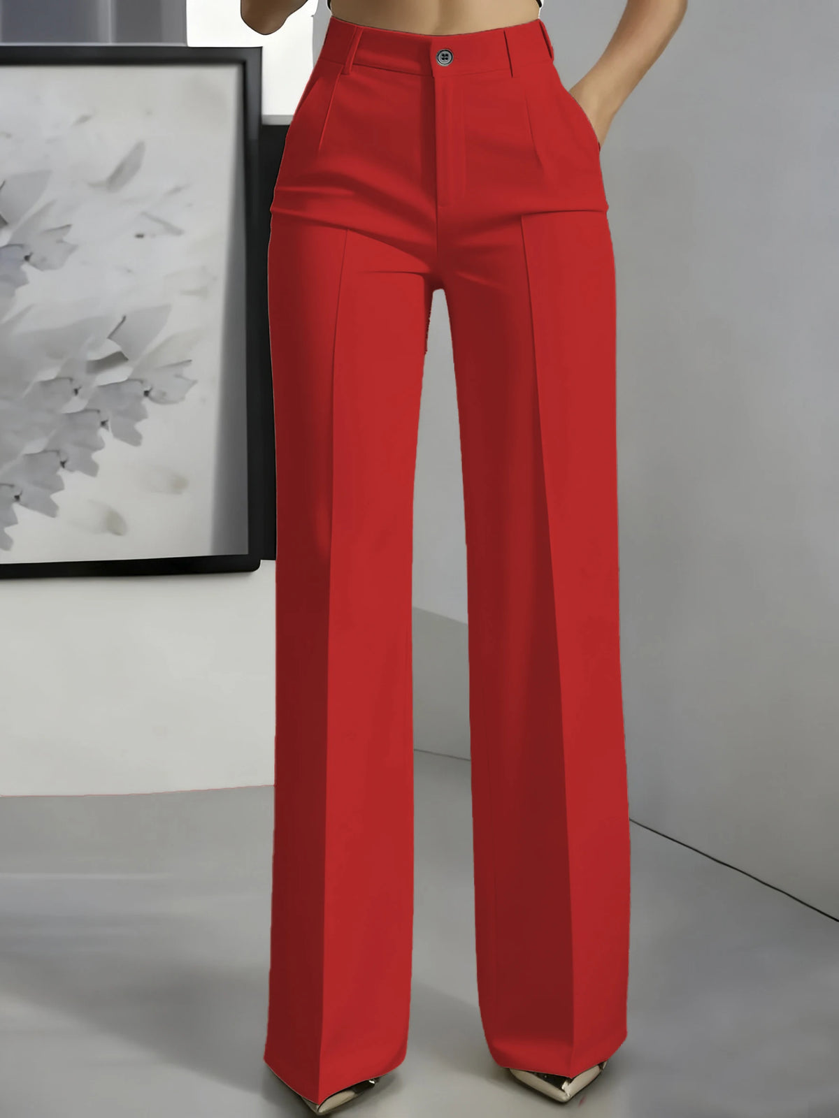 Essential High Waist Tailored Straight Leg Trousers in Red