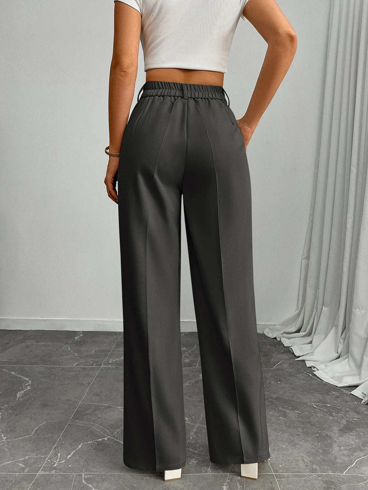 Pleat-Front Palazzo Trousers in Charcoal – view 4