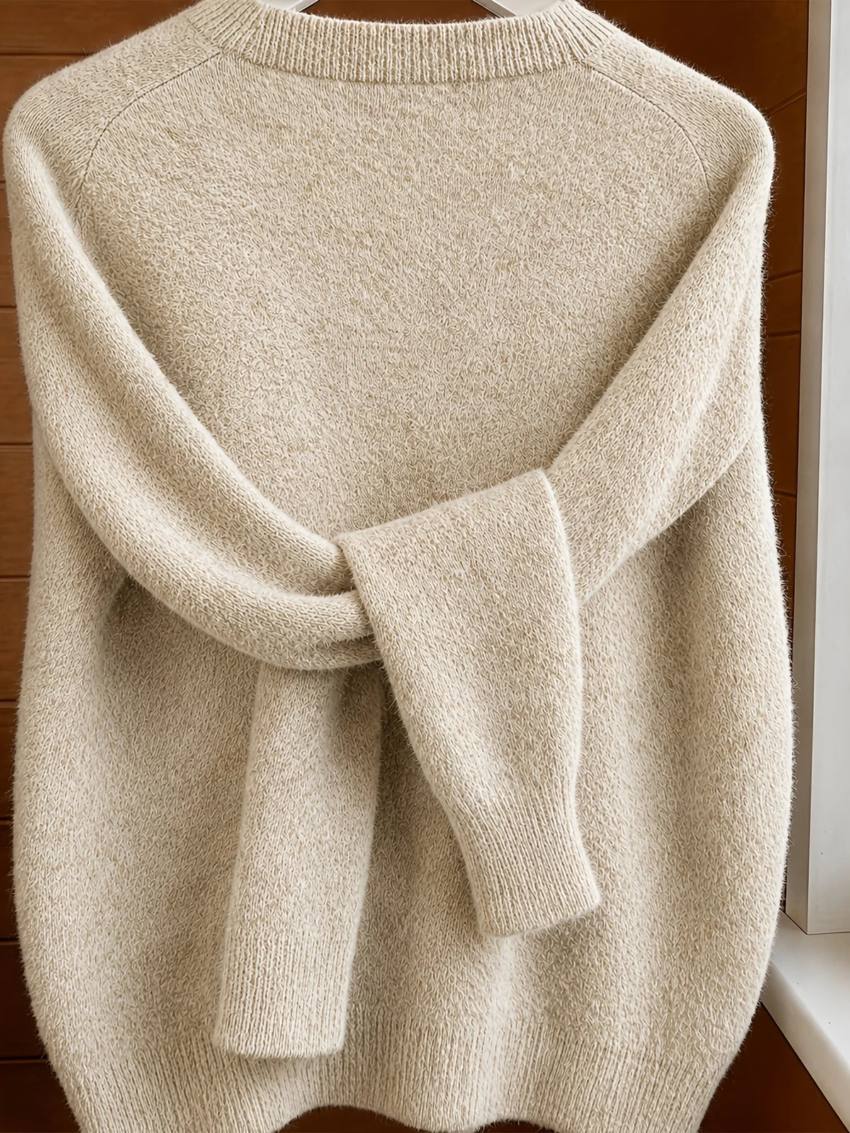 Classic Soft Knit Crew Neck Button Cardigan in Oatmeal – view 3