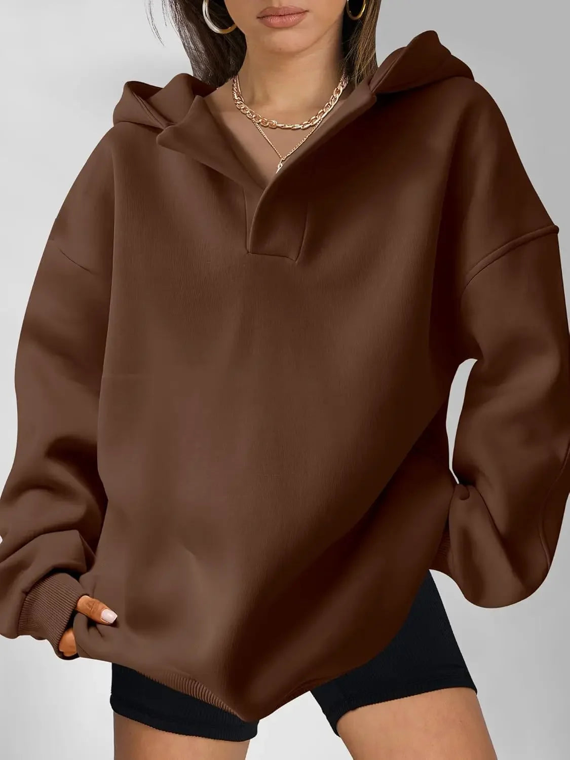 Signature Oversized Notch Neck Fleece Hoodie in Brown – view 5