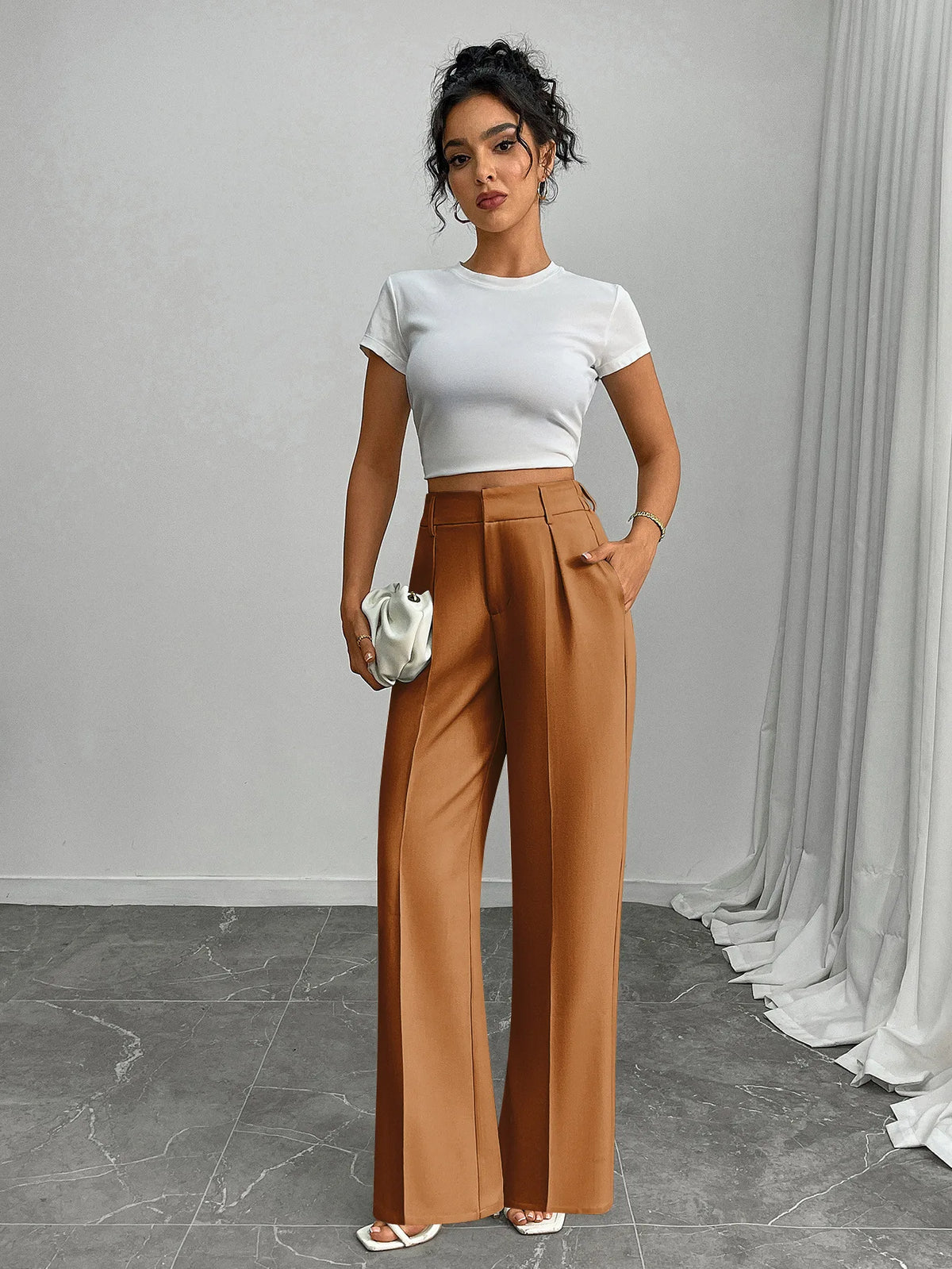 Pleat-Front Palazzo Trousers in Caramel – view 6