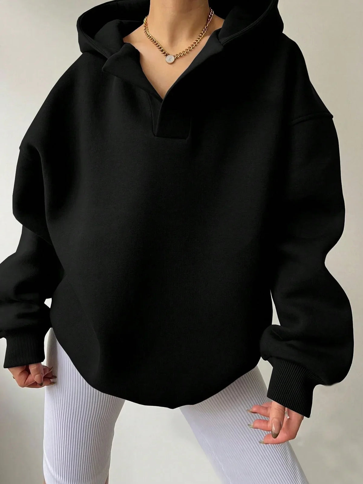Signature Oversized Notch Neck Fleece Hoodie in Black – view 4