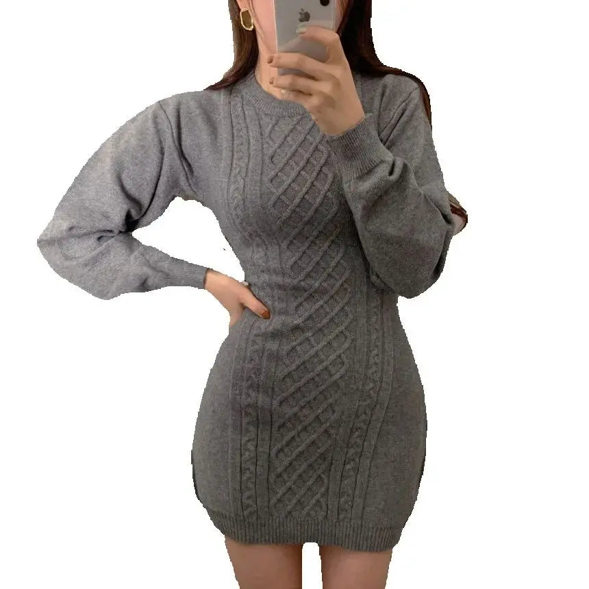 Signature Cable Knit Mini Sweater Dress in Grey