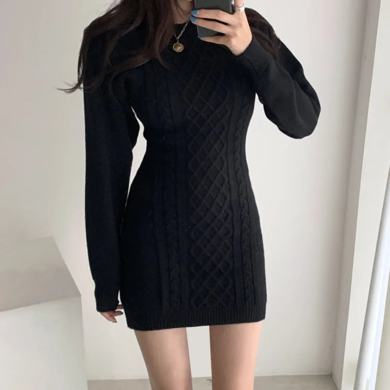 Signature Cable Knit Mini Sweater Dress in Black
