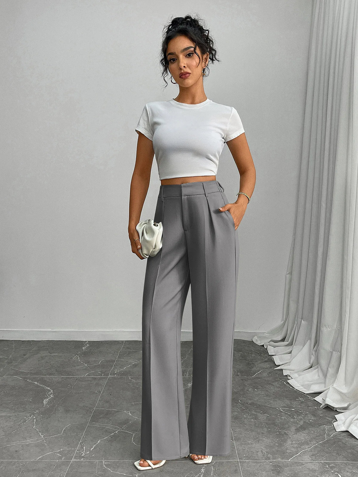Pleat-Front Palazzo Trousers in Grey – view 6