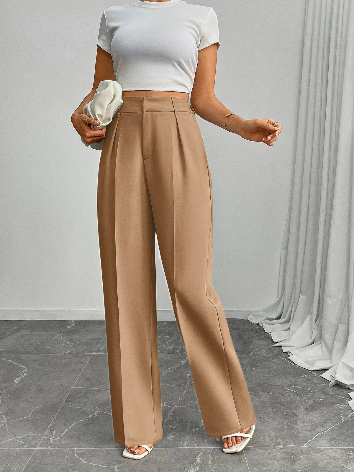 Pleat-Front Palazzo Trousers in Camel – view 5