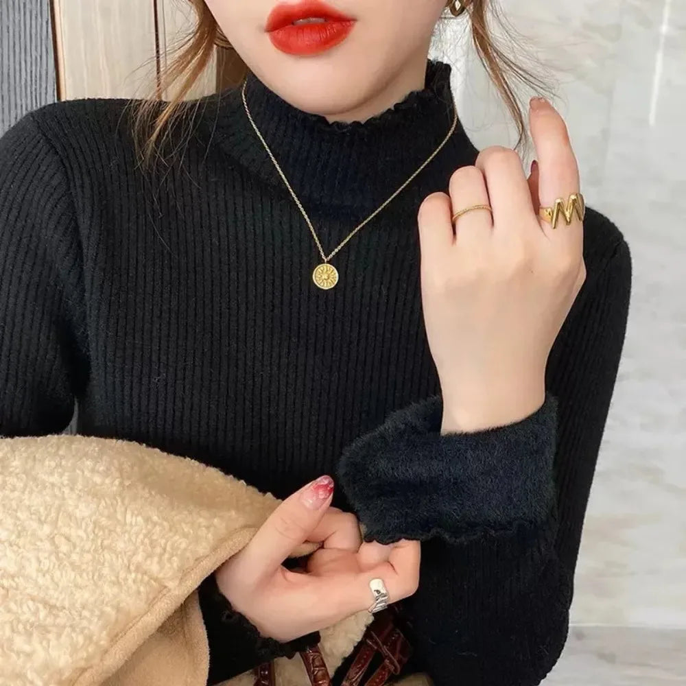 Essential Ruffle Mock Neck Fleece-Lined Sweater in Black