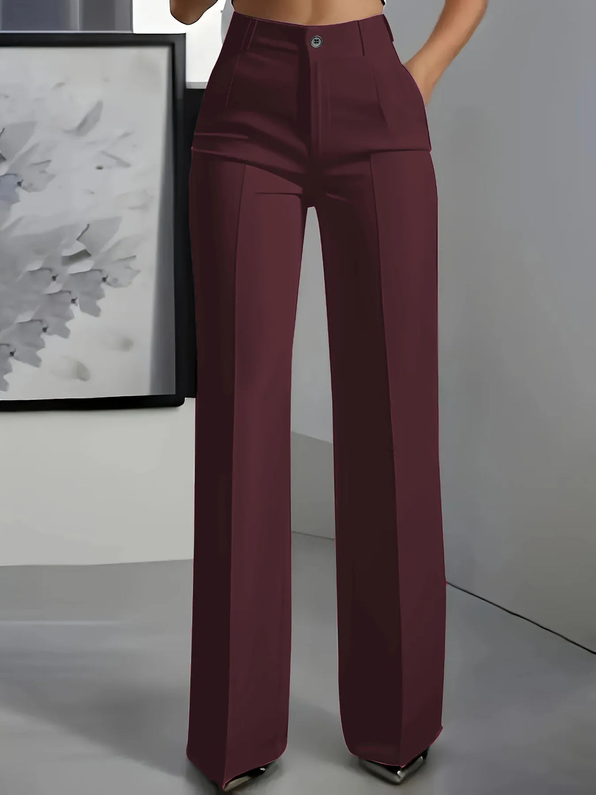 Essential High Waist Tailored Straight Leg Trousers in Burgundy – view 3