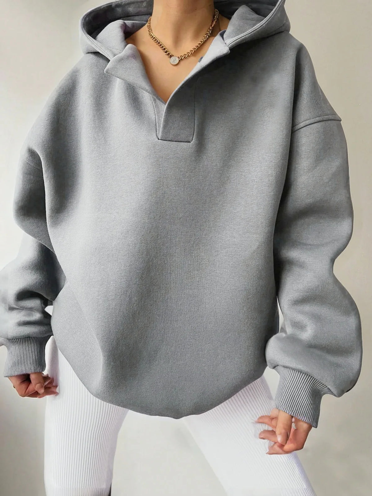 Signature Oversized Notch Neck Fleece Hoodie in Light Grey