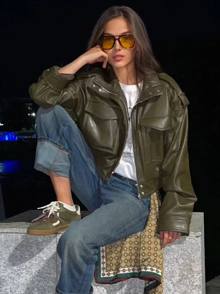 Classic Cropped Faux Leather Utility Jacket – view 6
