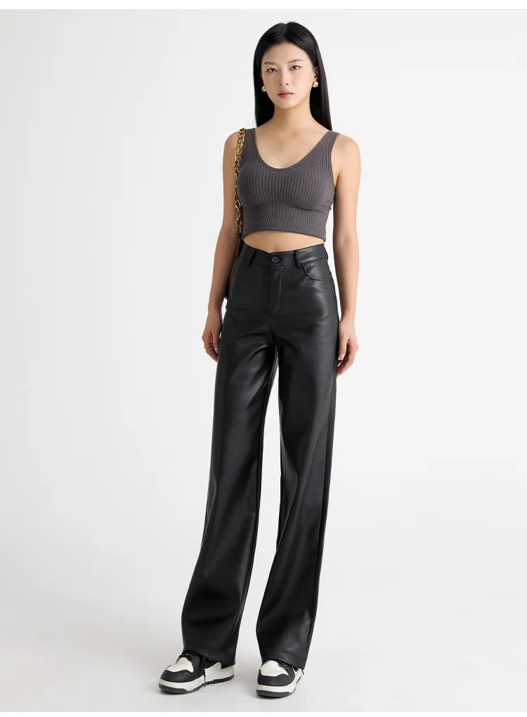 Fleece-Lined Faux Leather Straight Leg Trousers – front view