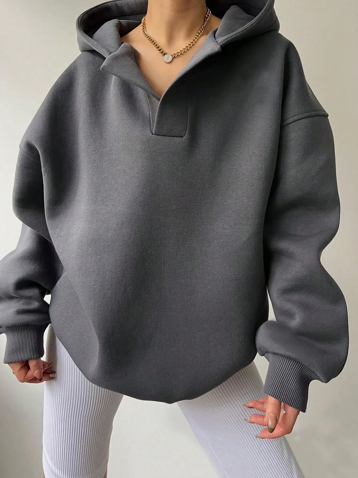 Signature Oversized Notch Neck Fleece Hoodie in Charcoal – view 4