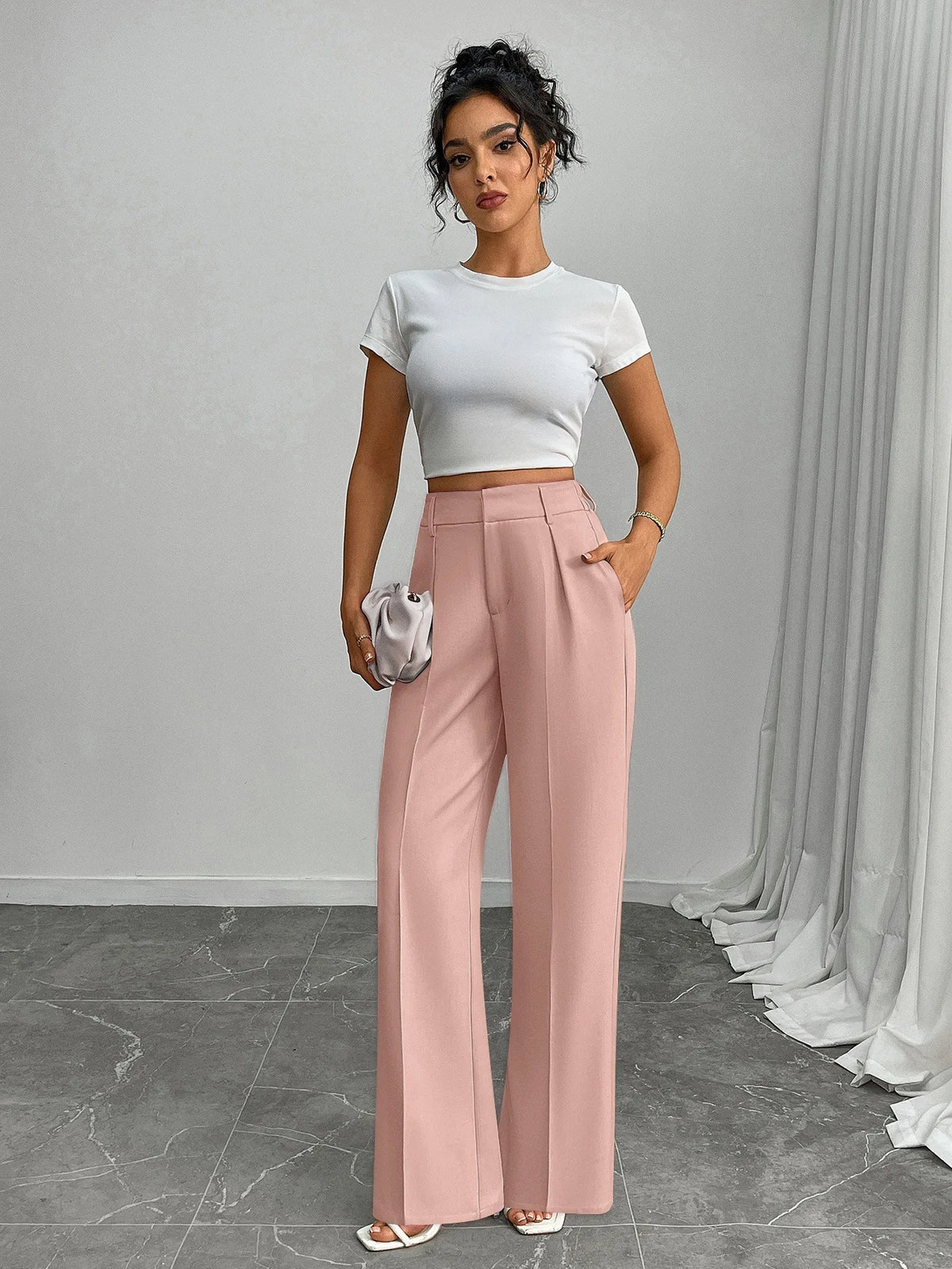 Pleat-Front Palazzo Trousers in Pink – view 7