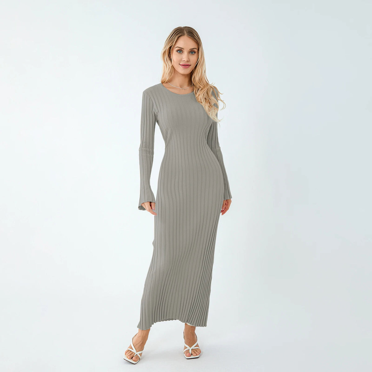 Classic Ribbed Knit Lace-Up Back Maxi Dress in Light Grey