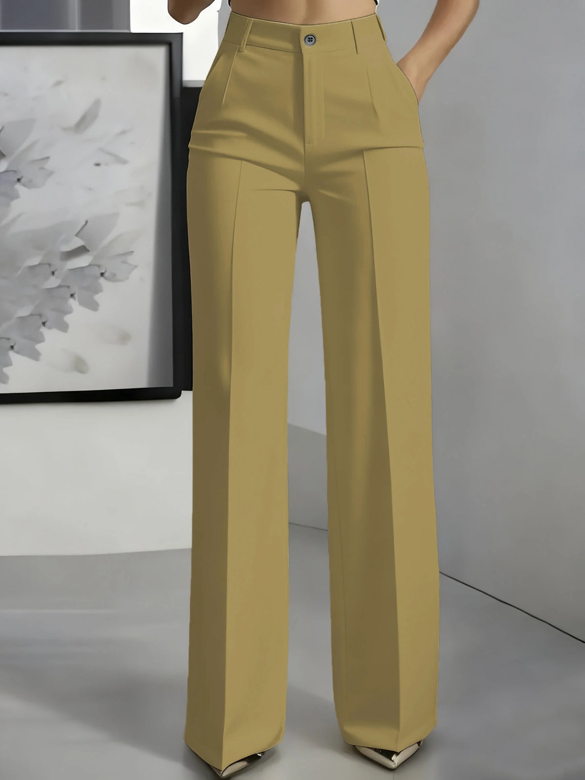 Essential High Waist Tailored Straight Leg Trousers in Khaki