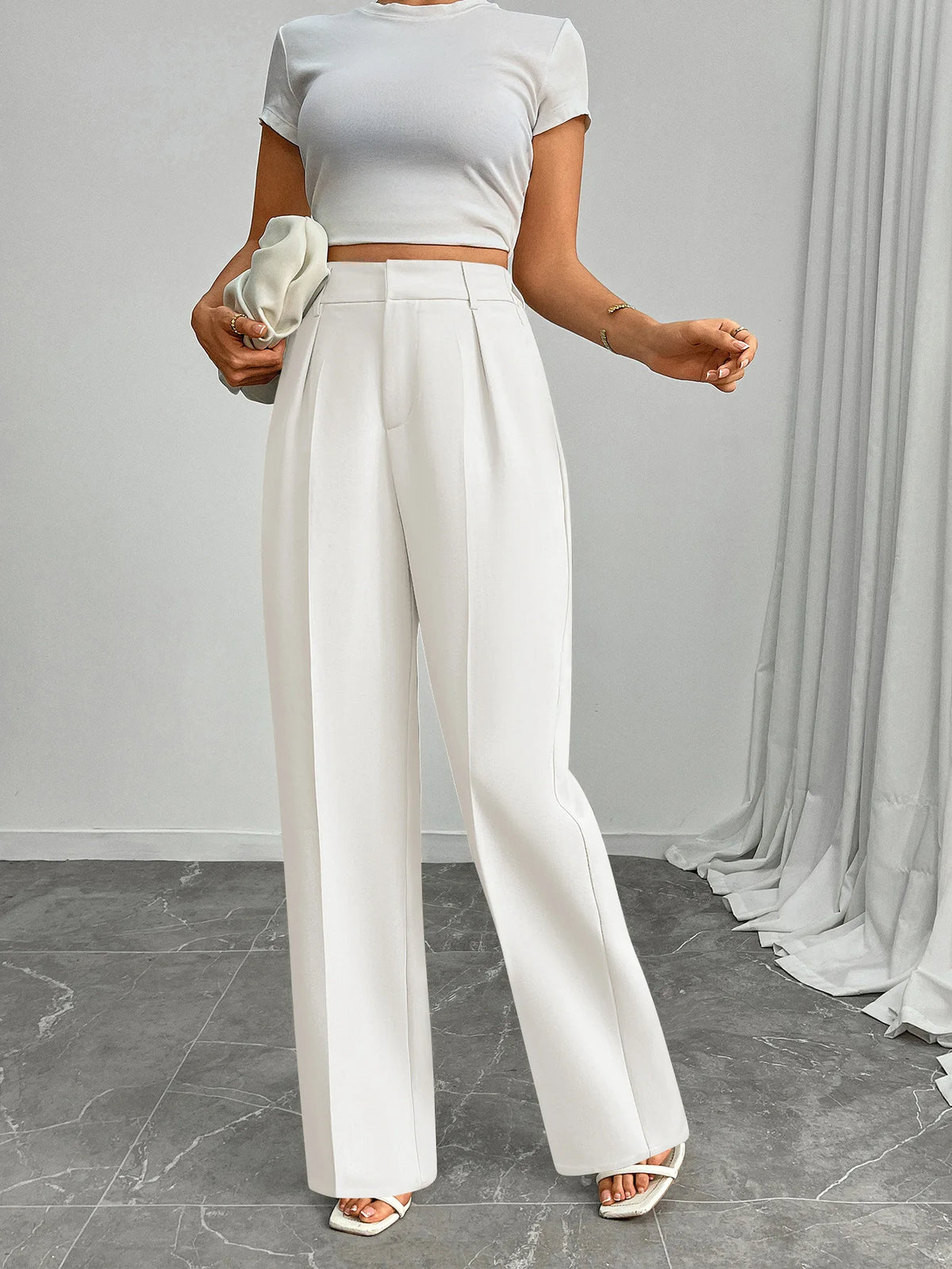 Pleat-Front Palazzo Trousers in White – view 5