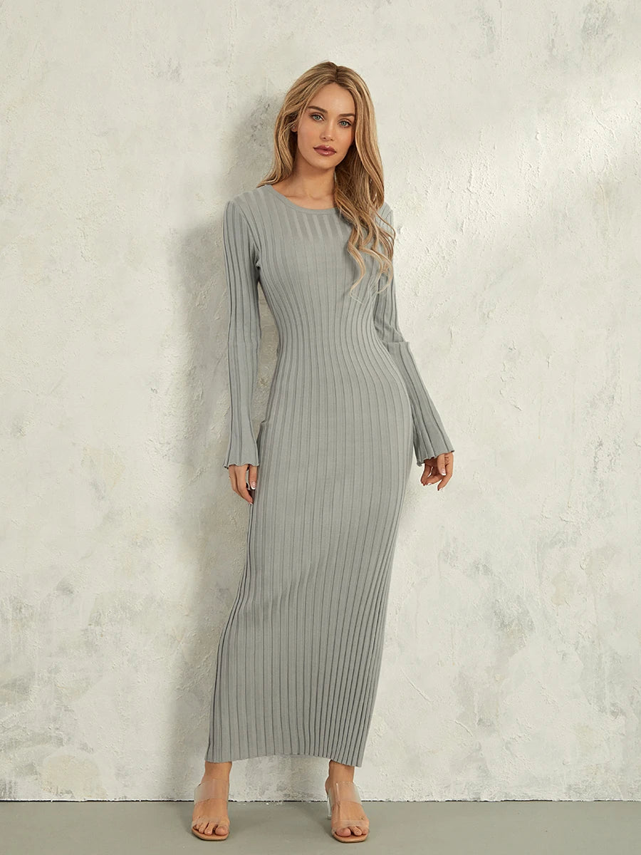Classic Ribbed Knit Lace-Up Back Maxi Dress – view 16