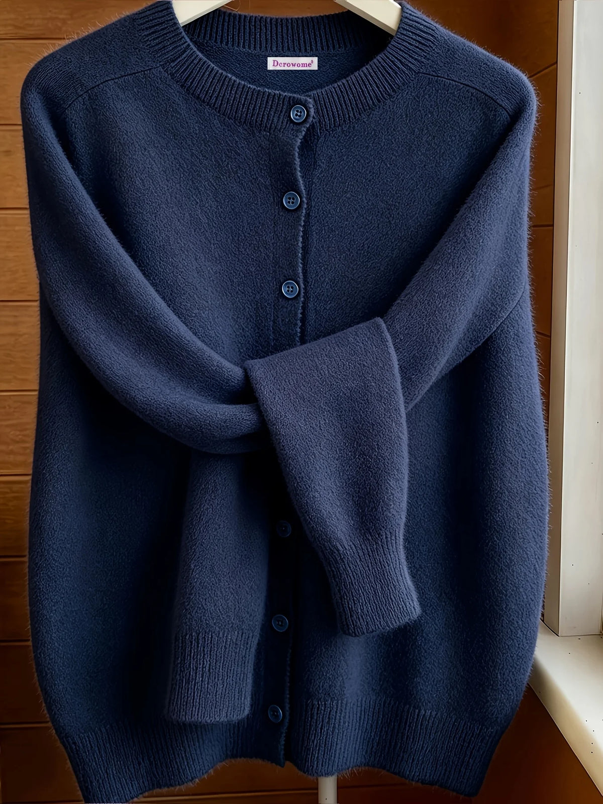 Classic Soft Knit Crew Neck Button Cardigan in Navy – view 2